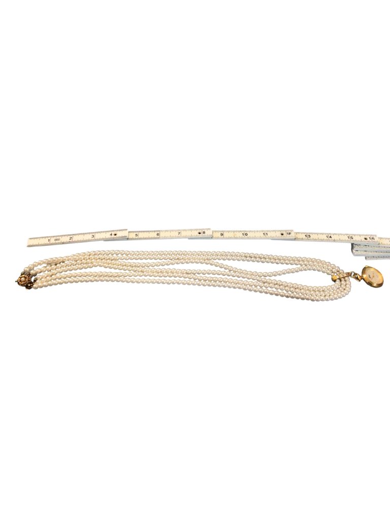 Vtg Faberge Gold-Tone Faux Pearl Necklace W/Non-Working Quartz Watch Pendant 29" — image 2 of 7